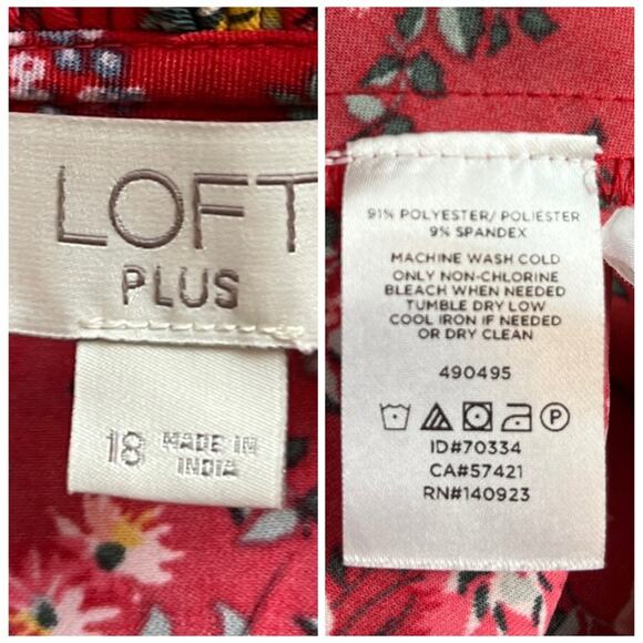 LOFT Plus Dress A-line Long Sleeve Ruffle Button Neck Red Floral Women’s Size 18 - Picture 11 of 13
